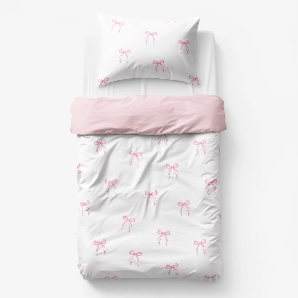 Goldea gyermek pamut ágyneműhuzat duo - rózsaszín masnik, púderrózsaszín hátoldal 140 x 200 és 70 x 90 cm