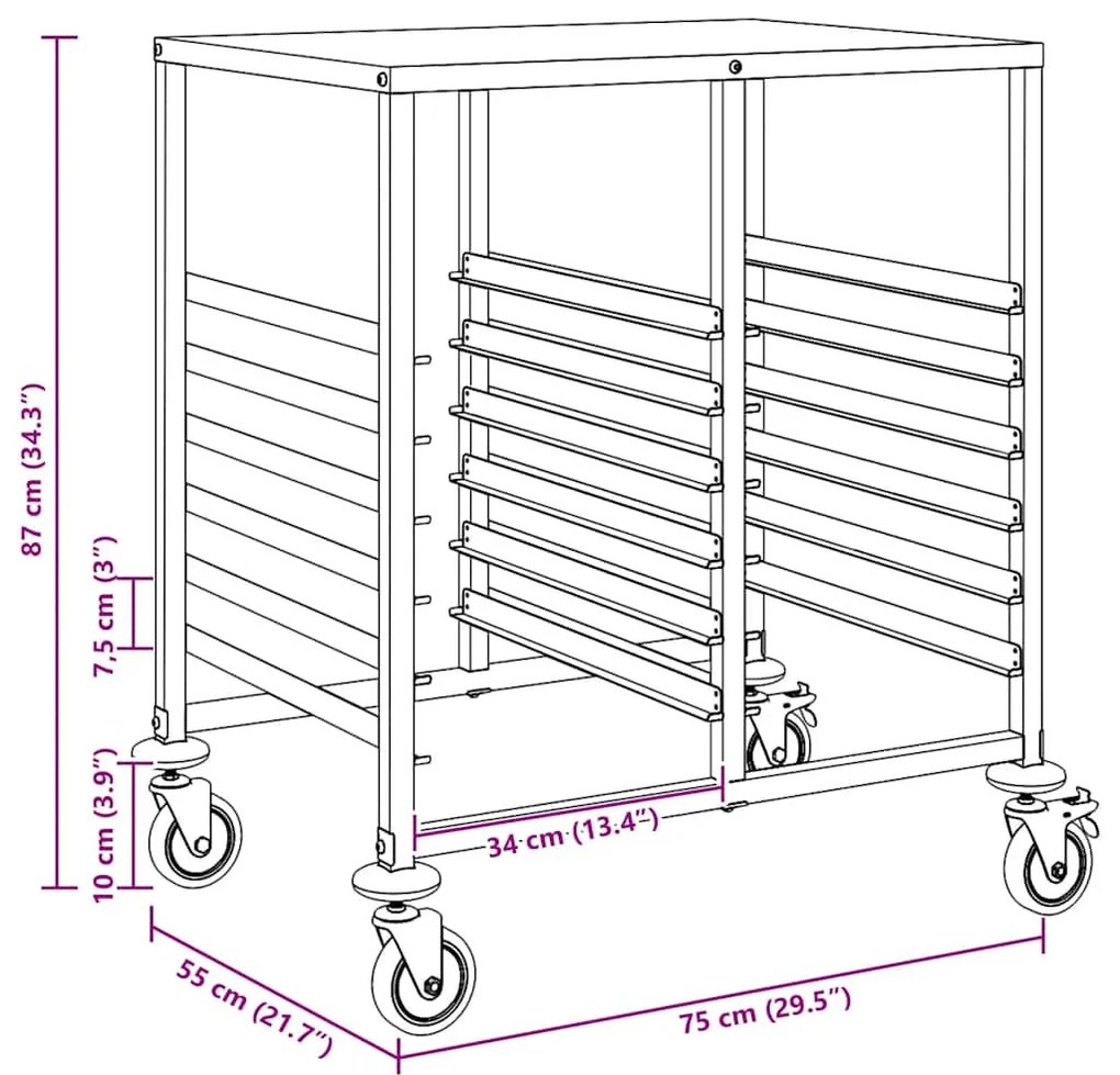vidaXL rozsdamentes acélból tálcás kocsi 12 GN tárolóval 75x55x87 cm