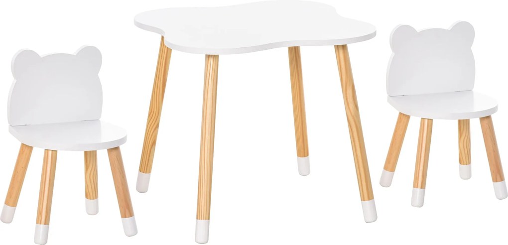 HOMCOM Gyerek Asztal és 2 Szék Szett Fa Bútor Játszószobába és Gyerekszobába - Asztal 56x56x50 cm és Székek 28x25x46 cm Természetes és Fehér | Aosom