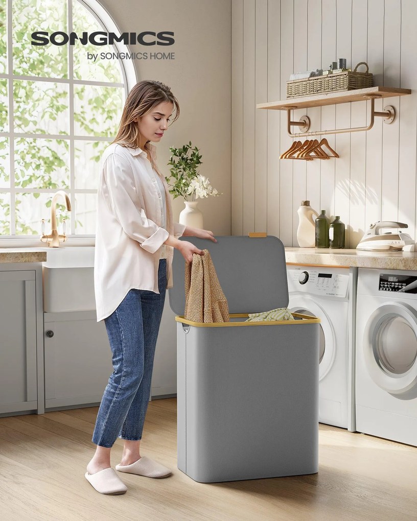 Fedeles, 3 rekeszes mosókosár, 150L, levehető bélés, összecsukható, galambszürke