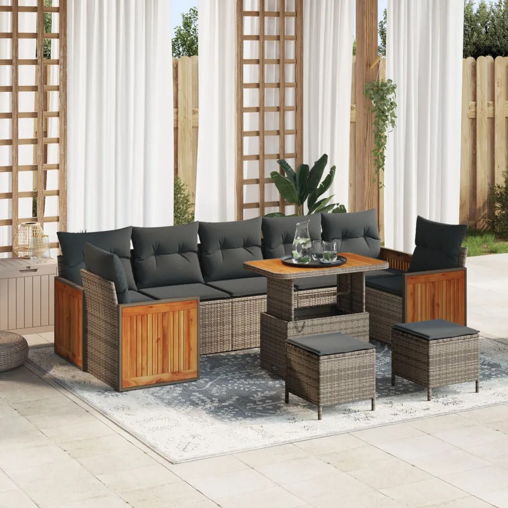 10 Darabos Kerti Sofa Készlet Párnákkal Szürke Poli Rattanból Akácos, 2-Fős Kerti Sofa Párnákkal Szürke Poli Rattanból, 3 Darabos Kerti Étkező Készlet Párnákkal Szürke Poli Rattanból Akácos