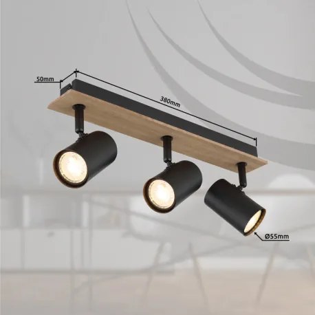 Globo 57905-3 Mennyezeti lámpa, fekete matt fém spotlámpa, sötét fa mintázatú MDF, HxSzxM: 410x60x152mm, 3x GU10 35W 230V izzók nélkül