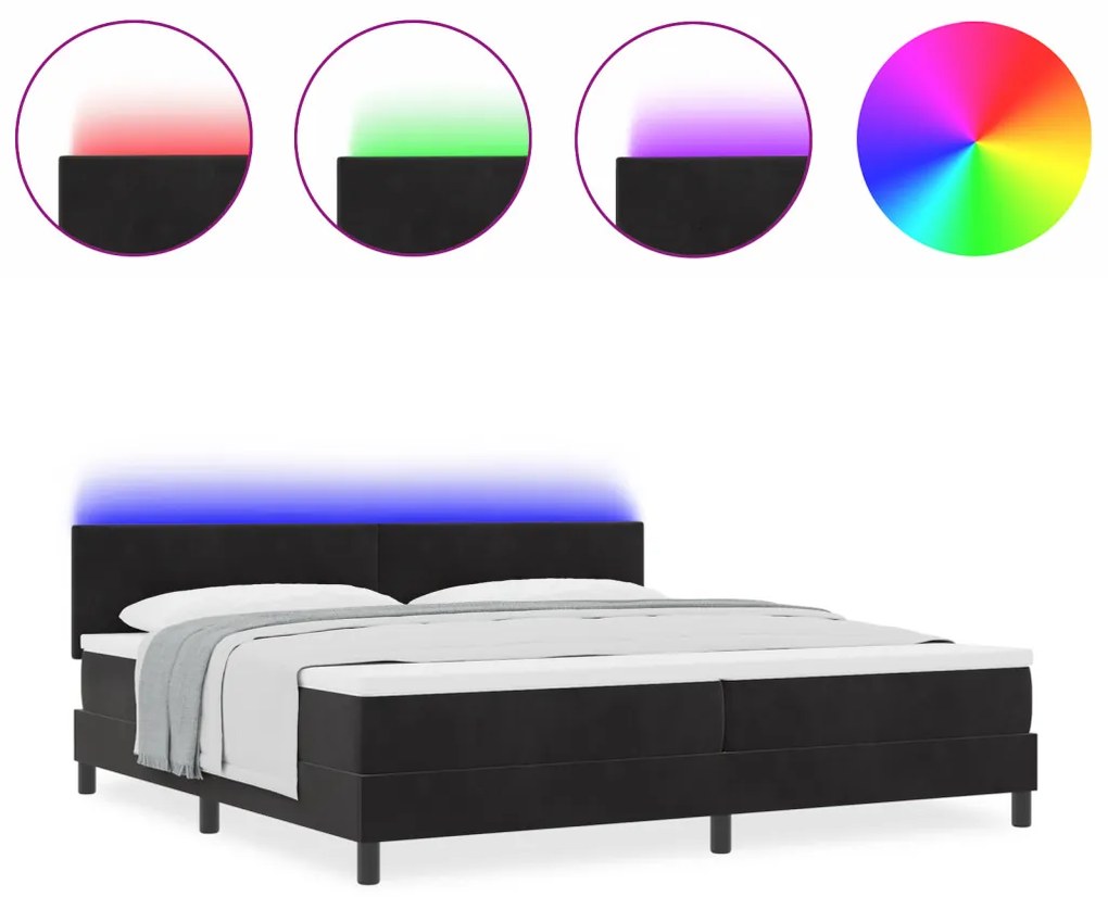 Box Spring Ágy Mattal & LED Fekete 200x200 cm Bársony