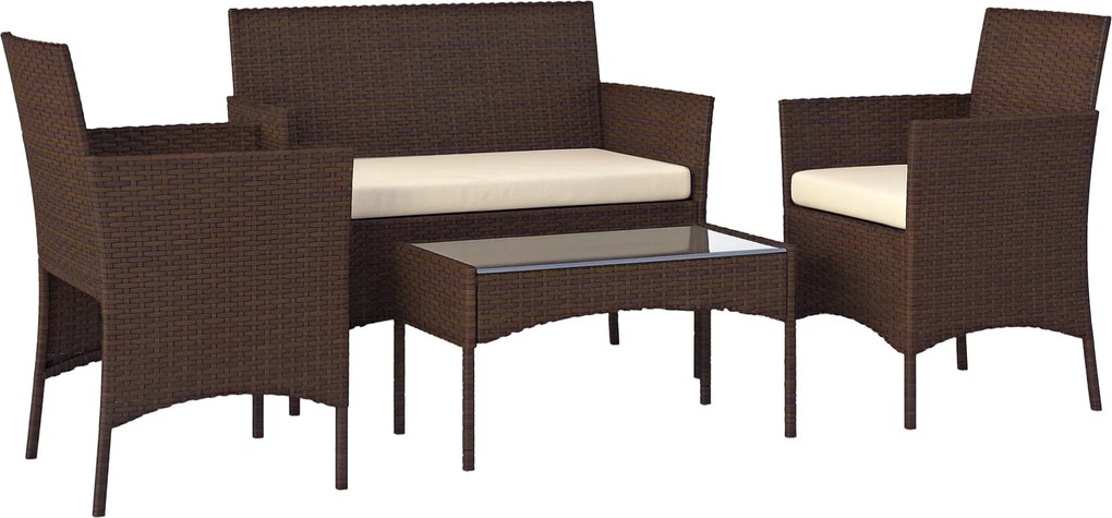 Outsunny Barna Rattan Kertbútor Szett párnákkal, időjárásálló kültéri bútor, 2 karosszékkel és üveg asztallal | Aosom