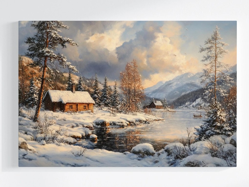 Vászonkép Canvas Téli Tájkép Kunyhó Hegyek Hó Erdő Tó 120x80