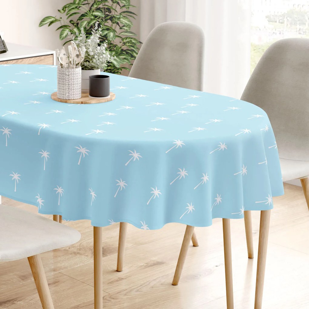 Goldea ovális pamut terítő - pálmák pasztell kék alapon 120 x 200 cm