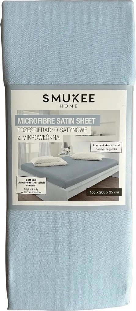 Szatén gumis lepedő Smukee 160 x 200 x 25 cm világoskék