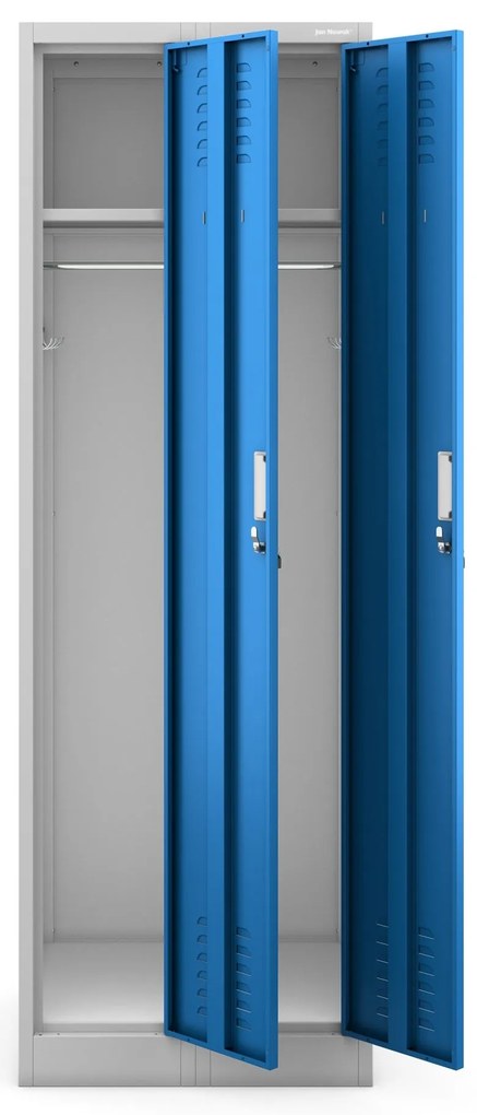 Pléh öltözőszekrény talpazaton, négymodulos, polcokkal KACPER II, 600 x 1800 x 500 mm, kék