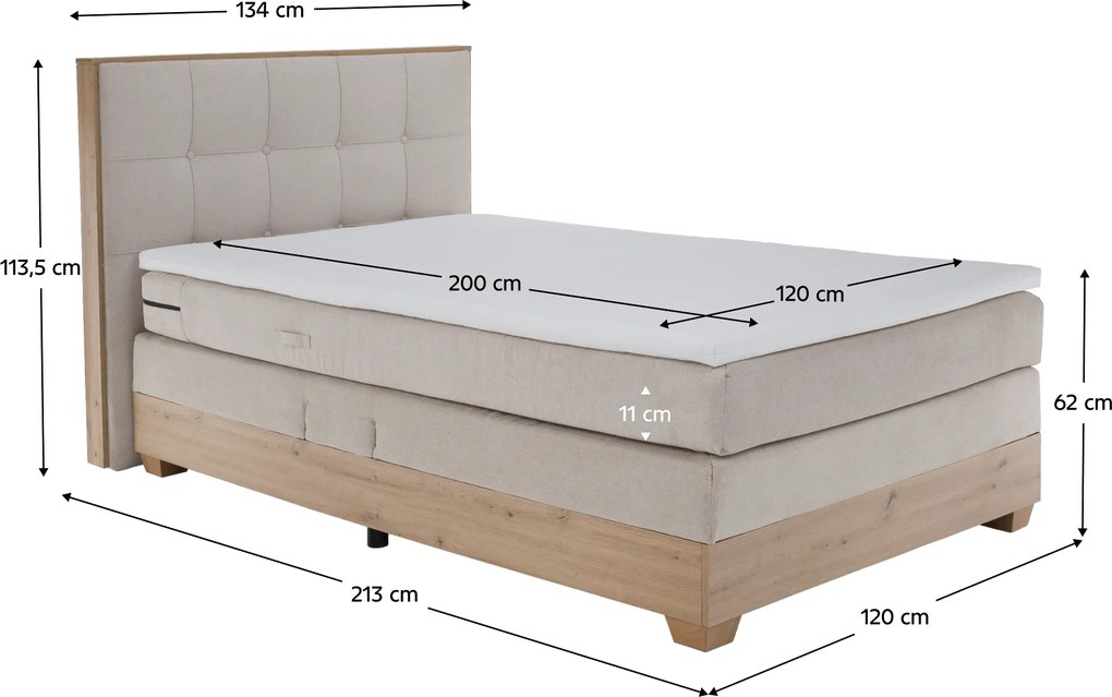 Elektromos állítható ágy, boxspring, bézs/artisan tölgy, 120x200, TIANA