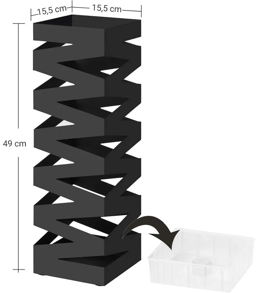 Esernyőtartó négyzet alakú, akasztókkal, fekete 15x15x49cm