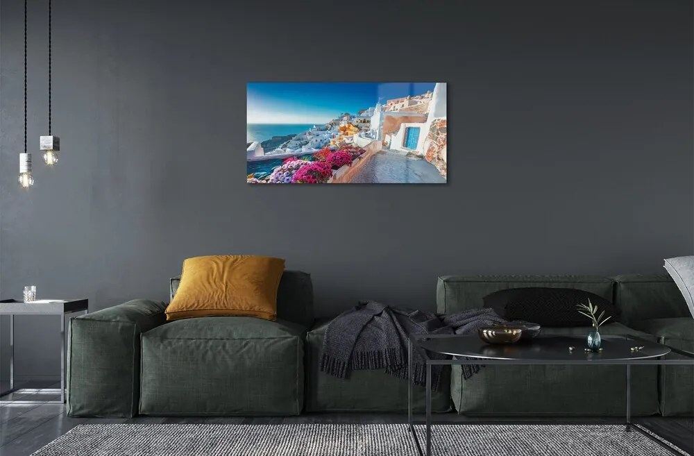 Üvegképek Épületek Görögország tenger virág 125x50 cm