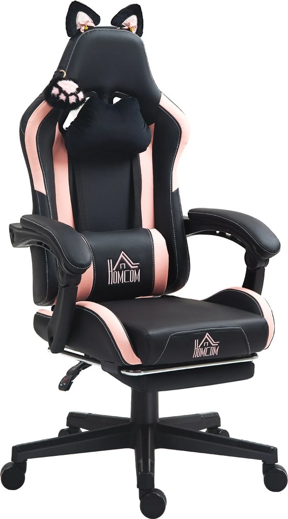 HOMCOM Macska Füllel Tervezett Gamer Szék - Összehúzható Lábpihenő, Állítható Magasság, Lumber Támogatás és Levehető Fejtámla | Aosom