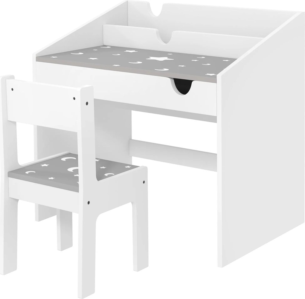 AIYAPLAY Gyerek Íróasztal és Szék Szett 3 Éves Kortól Gyerekeknek Kihúzható Fiókkal és Rekesszel a Gyerekszobába Szürke és Fehér | Aosom