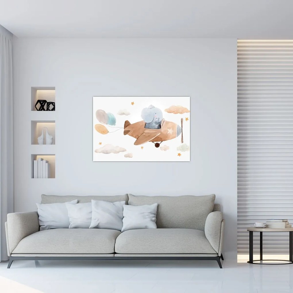 Kép - Akvarell elefánt egy repülőgépen (90x60 cm)