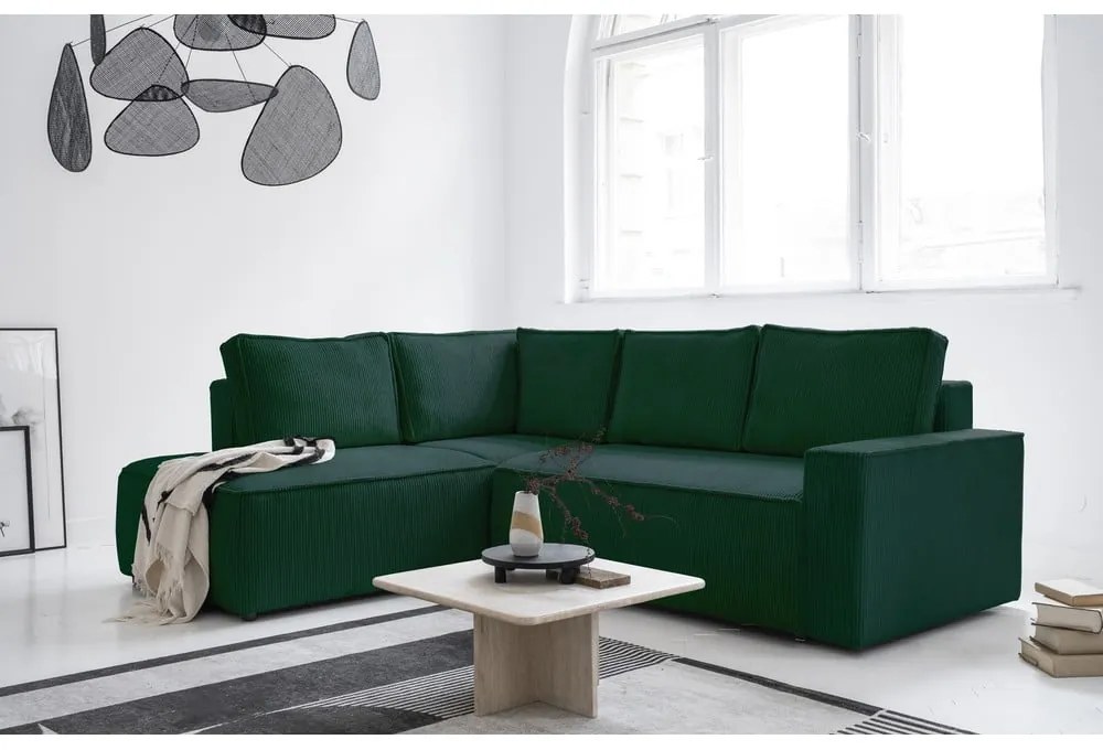 Sötétzöld kordbársony kinyitható sarokkanapé (bal oldali) Brave Dave – Miuform