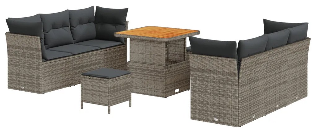 9 Részes Kert Kanapé Szett Párnákkal Szürke Poly Rattan Akác, 3 Részes Kert Étkező Szett Párnákkal Szürke Poly Rattan Akác
