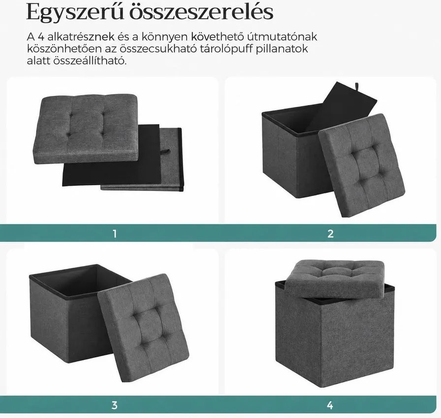 Összecsukható tárolópuff, 43 l, 38 x 38 x 38 cm, 300 kg statikus teherbírás, sötétszürke