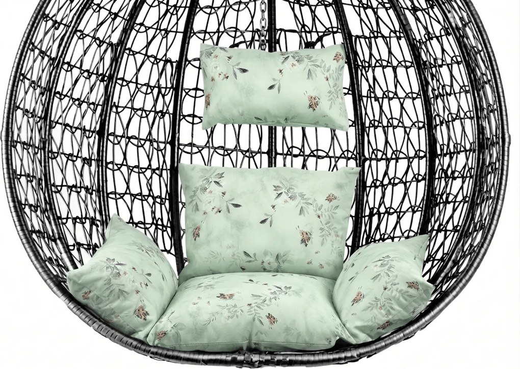 Fekete függőszék KOKON állvány nélkül, világoszöld párna mintával