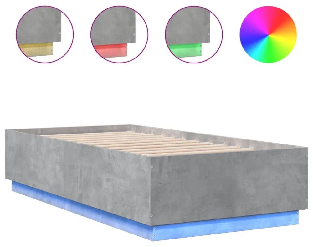 betonszürke szerelt fa ágykeret LED-del 90 x 190 cm