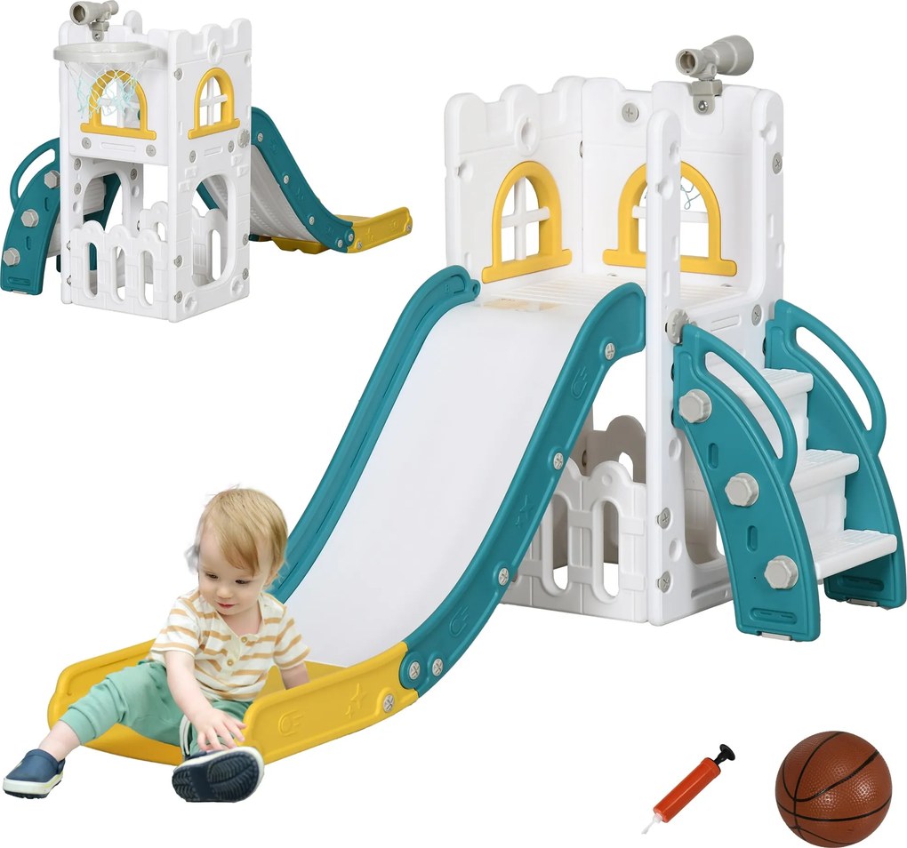 AIYAPLAY Gyermekcsúszda, 4 az 1-ben, Kisgyermek Csúszda Kosárlabdapalánkkal, Távcsöves Mászókeret Csúszda Kosárlabdával 1-3 Éves Gyermekeknek, Belső H