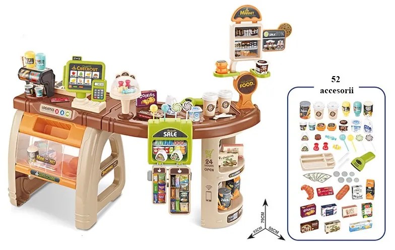 Játék szupermarket gyerekeknek, 52 darab, hangok és fények, pénztárgép, eszpresszógép, többszínű