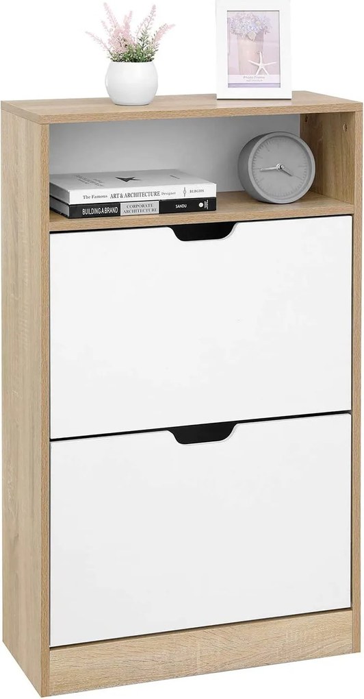 Cipős szekrény, három polcos cipőtartó 2 ajtóval fehér-natúr