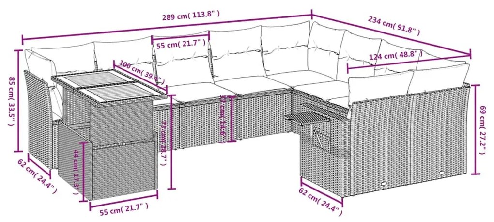 10 részes fekete polyrattan kerti ülőgarnitúra párnákkal