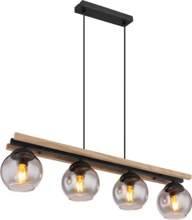 Globo 15569-4HW Függeszték fém fekete matt, fa sötétbarna, üveg füstszínű, kábel PVC fekete, magassága állítható, HxSzxM: 850x150x1200mm, 4x E27 25W 230V izzók nélkül