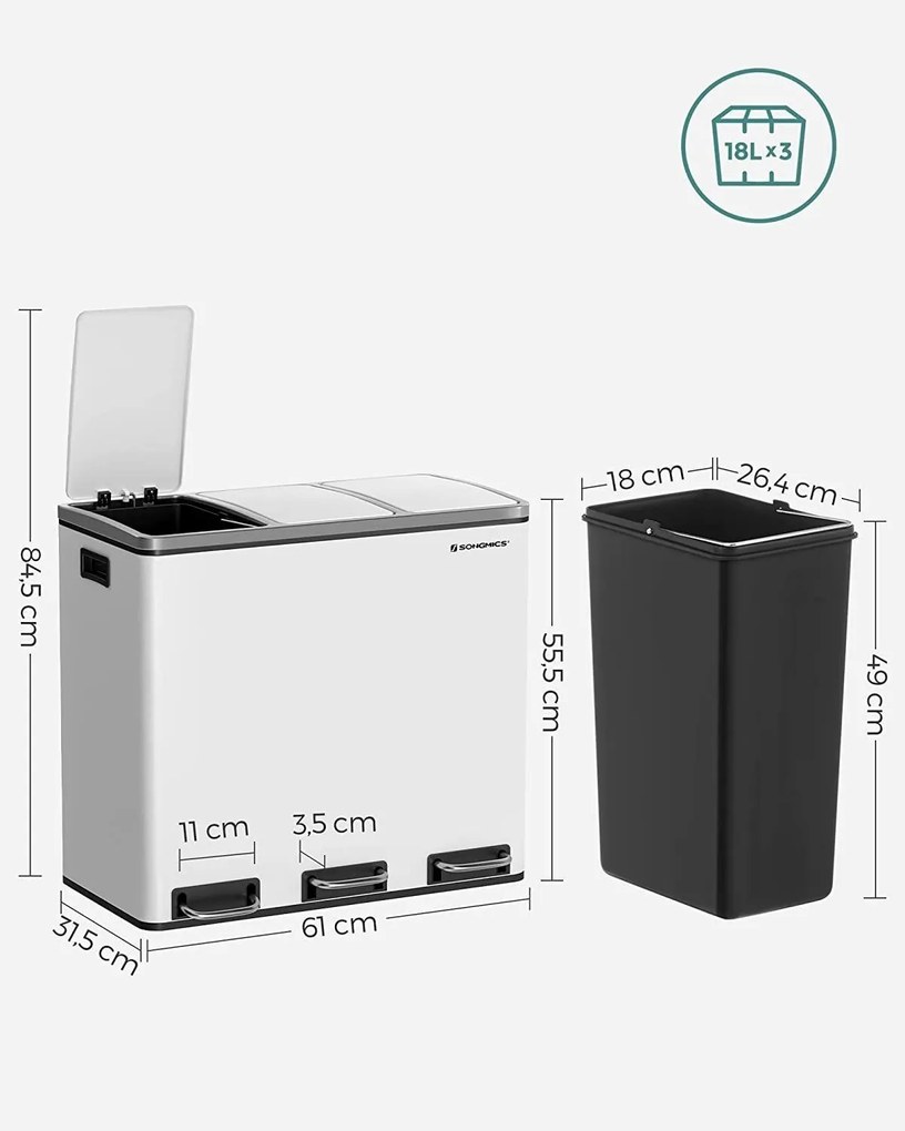 Szelektív szemeteskuka 3x18L, fehér
