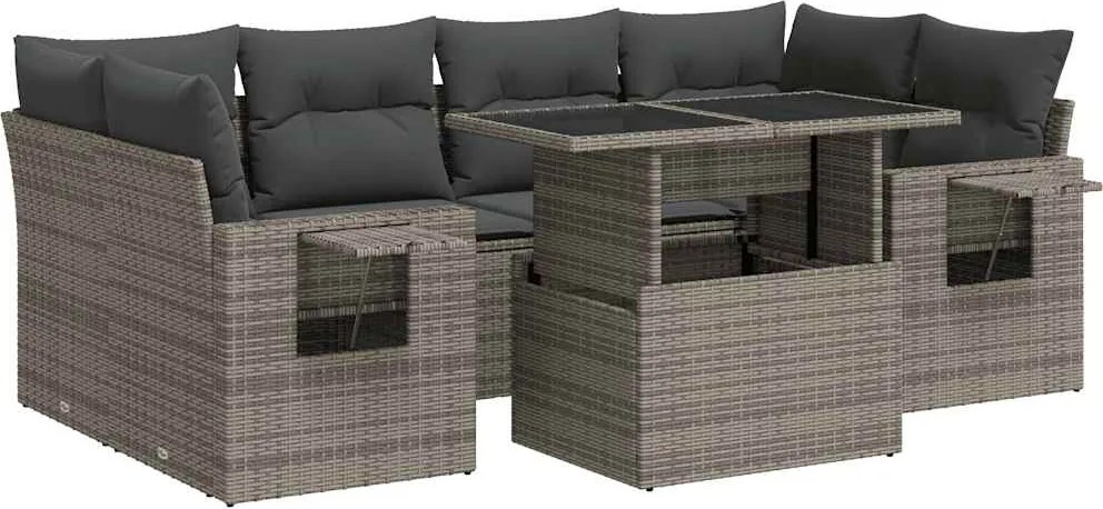 vidaXL 7 részes szürke polyrattan kerti ülőgarnitúra párnákkal