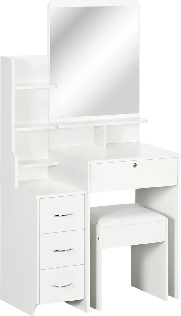 HOMCOM Sminkasztal Székkel és Tükrökkel, Sminkasztal 4 Fiókkal, 4 Tárolórekesszel, Modern Stílusban, 80x38x143 cm Fehér | Aosom
