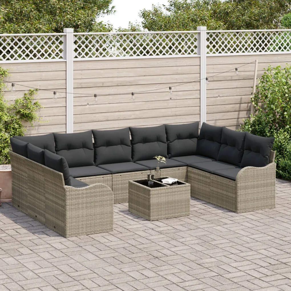 10 részes kerti kanapé szett párnákkal, szürke poli rattan, 2 fős kerti kanapé párnákkal, világosszürke poli rattan