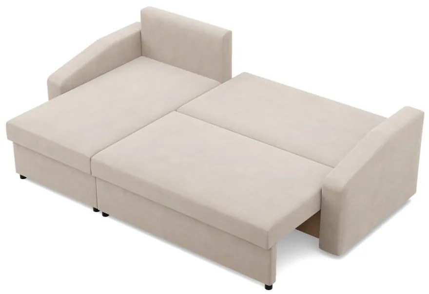 Zeus sarokkanapé, 2 ágyneműtartóval, döntött kartámasz, bársony, univerzális oldal, hab töltet, bézs