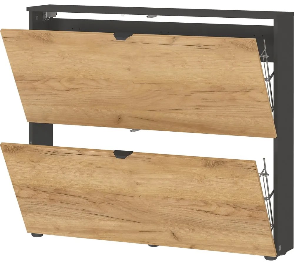 Antracitszürke-natúr színű billenő ajtós függő cipőtartó tölgyfa dekorral 100x85x19 cm Renell – Germania