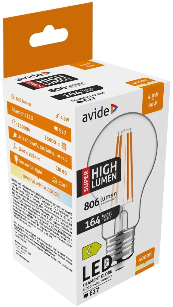 Avide LED Filament Globe 4.9W E27 A60 NW 4000K Super High Lumen