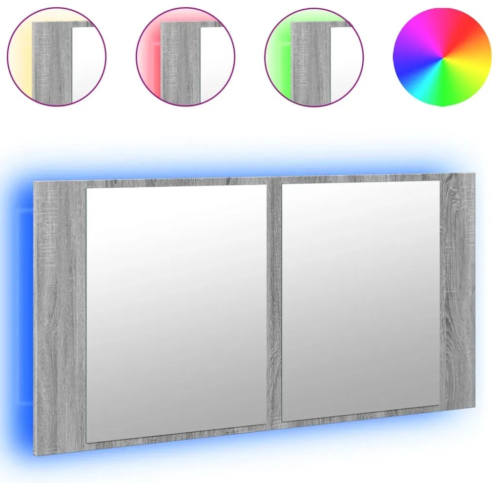 szürke sonoma akril LED-es tükrös fürdőszobaszekrény 90x12x45cm