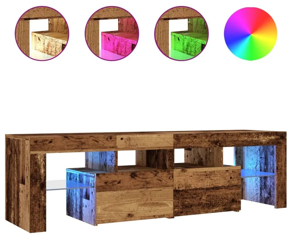 antik fa színű szerelt fa TV-szekrény LED-ekkel 140x36,5x40 cm