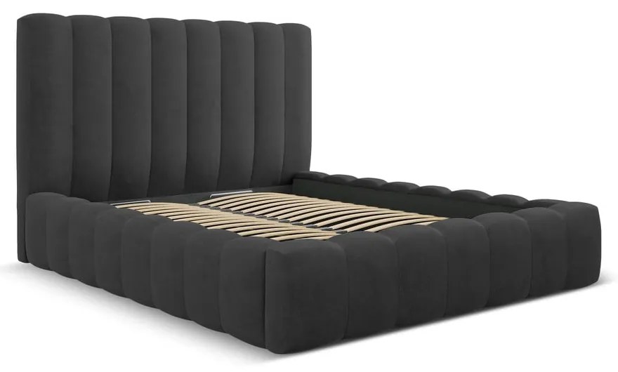 Antracitszürke kárpitozott ágyneműtartós franciaágy ágyráccsal 200x200 cm Kelp – Micadoni Home