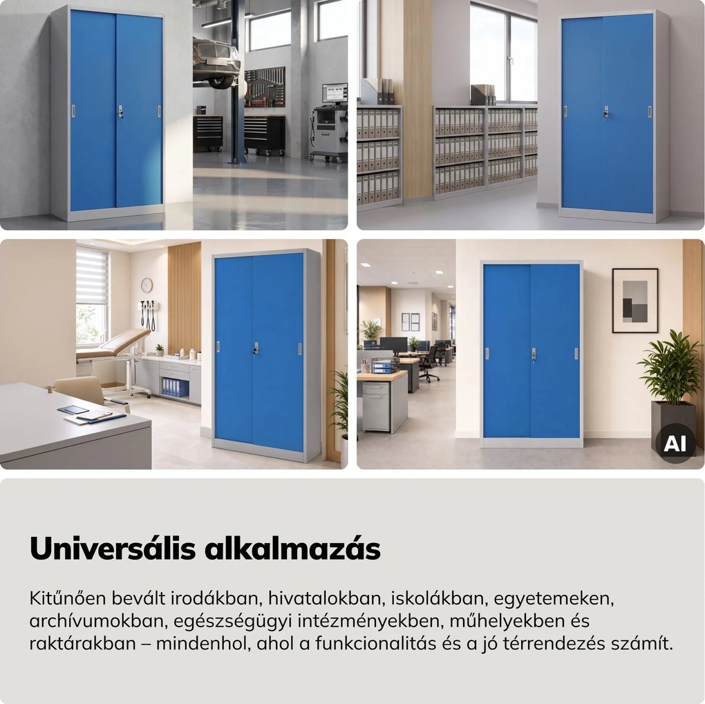 Fém irodai szekrény tolóajtókkal, szürke-kék, 900x1850x400 mm: KUBA