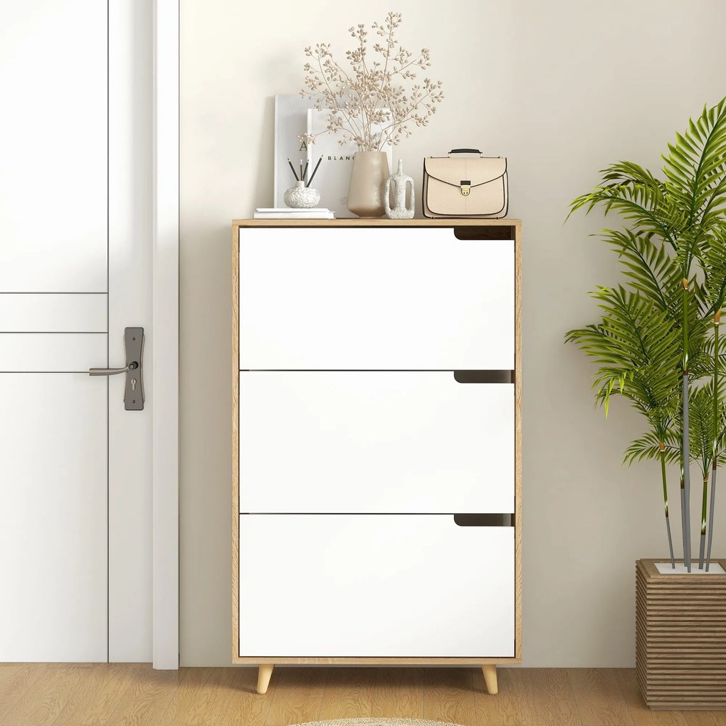 HOMCOM 3-ajtós cipőtároló, állítható polccal, 72 x 24 x 119 cm, Természetes és fehér | Aosom