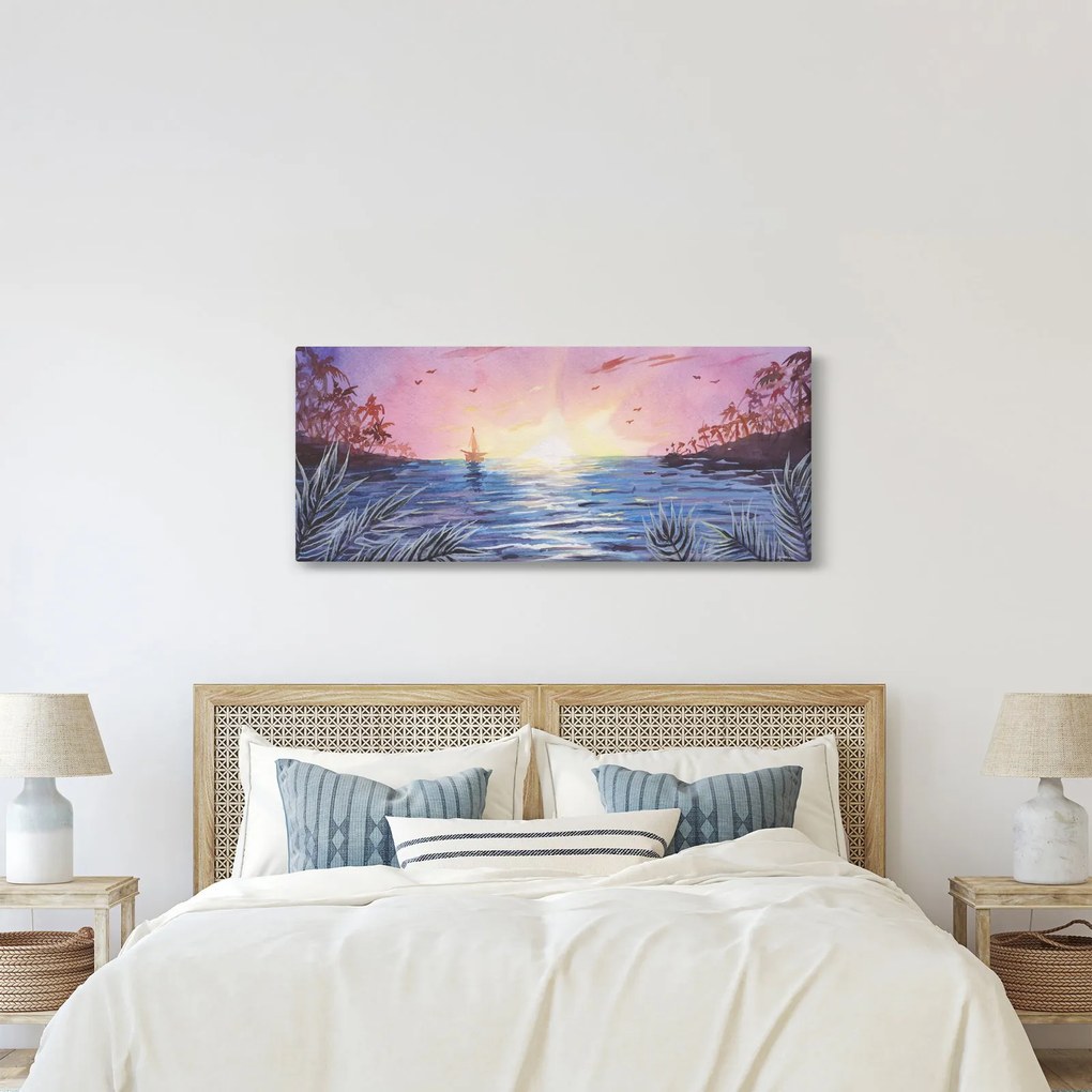 Kép - naplemente a víz felett, akvarell (120x50 cm)