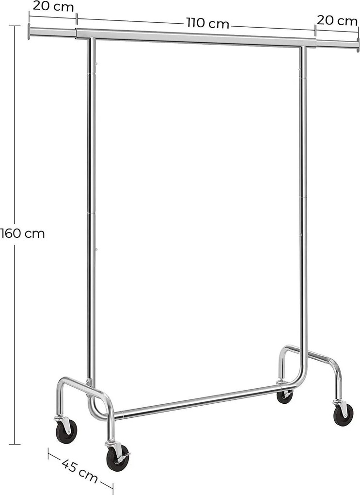Gurulós ruhaállvány, ezüst 110-150x45x160cm