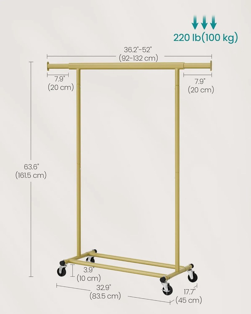 Gurulós ruhatartó állvány, nagy teherbírású 100 kg, 45 x (92–132) x 161,5 cm, világos arany