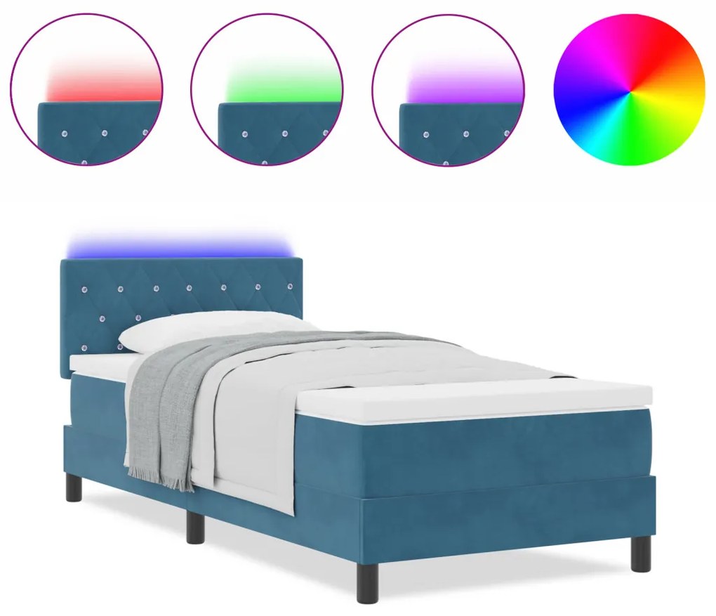 Boxspring Ágy Matrac & LED Sötétkék 90x190 cm Bársony