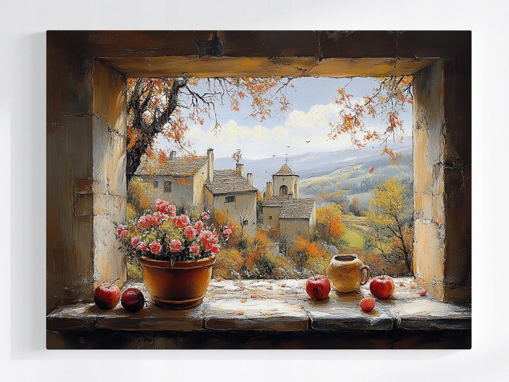 Vászonkép Canvas Ablak Terasz Kilátás Nyár Tájkép Hegyek Város 80x60