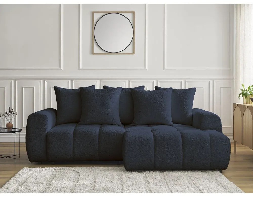 Kék buklé kinyitható-tárolóhelyes sarokkanapé (jobb oldali-heverő résszel) Roxelane – Bobochic Paris