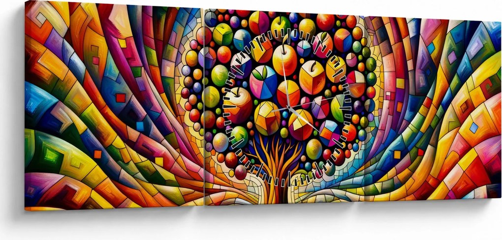 Kép – Színes fa almákkal (órával) (90x30 cm)