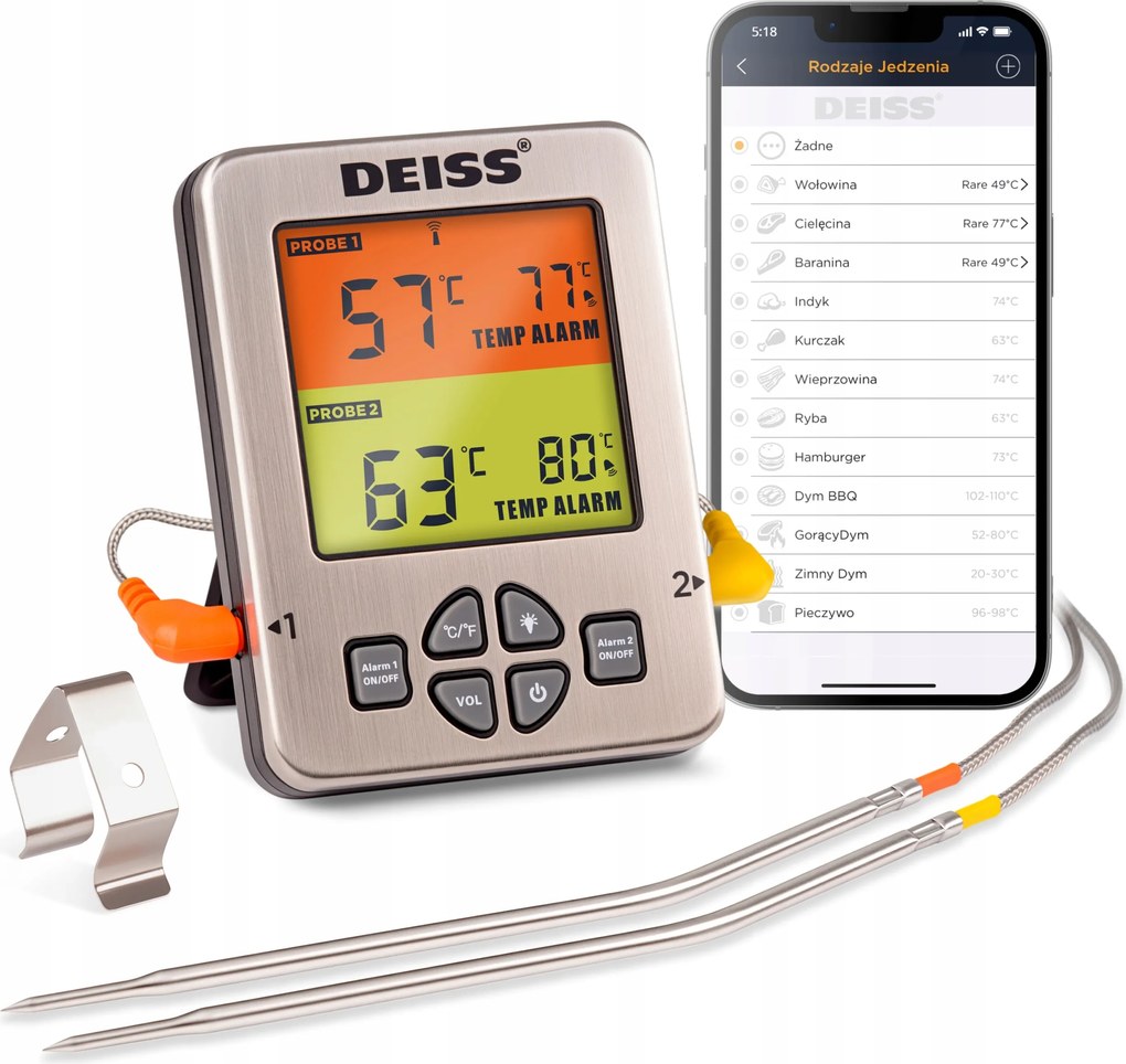 Deiss Pro Digitális konyhai hőmérő húshoz, grillezéshez, 2 szondával, Bluetooth