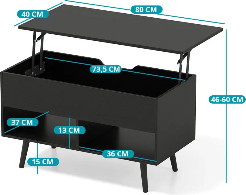 Dohányzóasztal emelhető asztallappal, fekete
