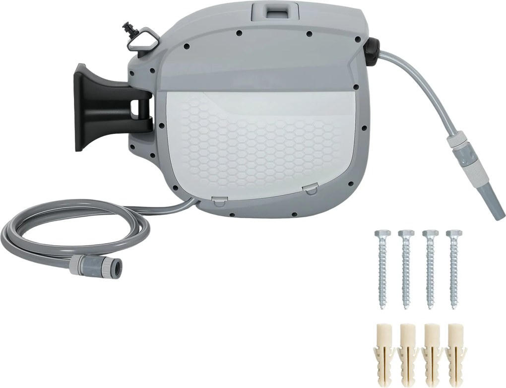 Outsunny kihúzható kerti tömlótekercs 20 m + 1,9 m, 2 üzemmód, fali szerelés automata zárral és kontrollált visszahúzással, 180° forgatható | Aosom